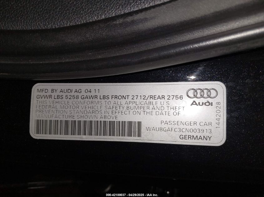 2012 Audi A6 3.0 Premium VIN: WAUBGAFC3CN003913 Lot: 42100037
