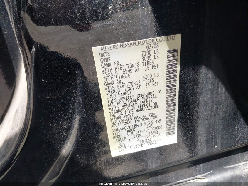 2008 NISSAN TITAN VIN: 1N6AA07D18N355538