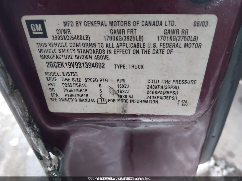 2003 Chevrolet Silverado 1500 Ls VIN: 2GCEK19V931394692 Lot: 42100147