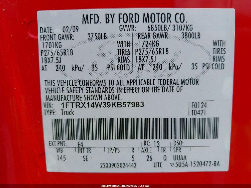 2009 Ford F-150 Stx VIN: 1FTRX14W39KB57983 Lot: 42100159