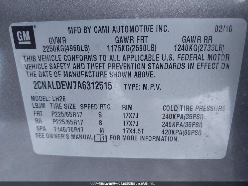 2010 Chevrolet Equinox Lt VIN: 2CNALDEW7A6312515 Lot: 42100213