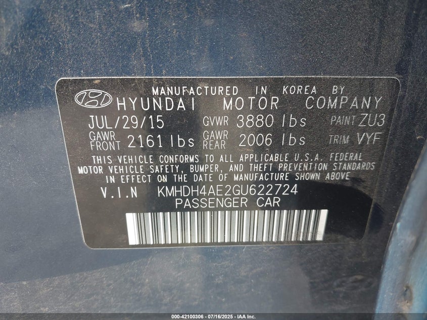 2016 HYUNDAI ELANTRA LIMITED - KMHDH4AE2GU622724