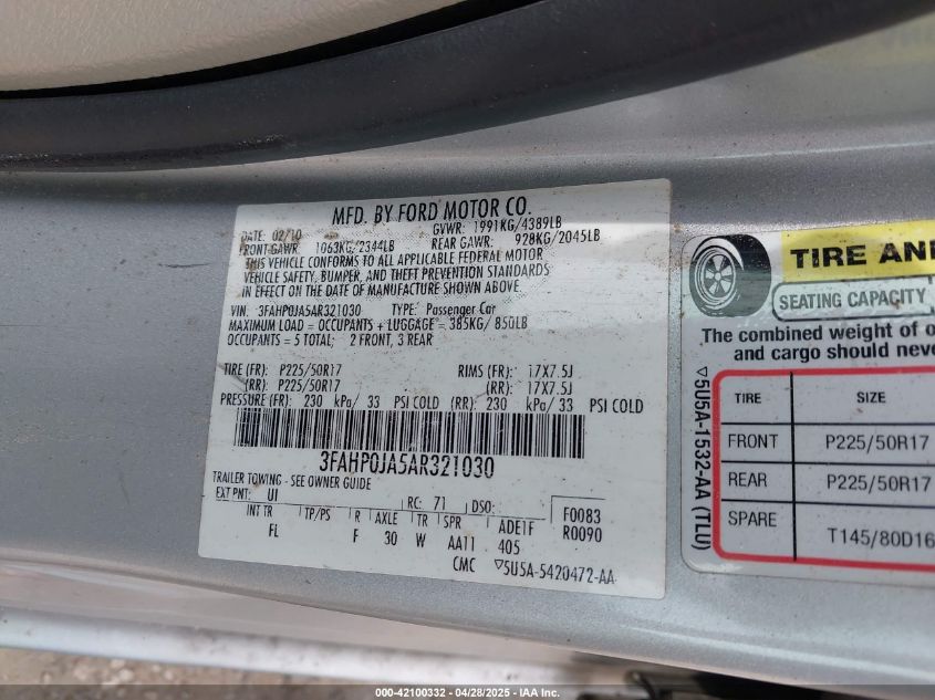2010 Ford Fusion Sel VIN: 3FAHP0JA5AR321030 Lot: 42100332