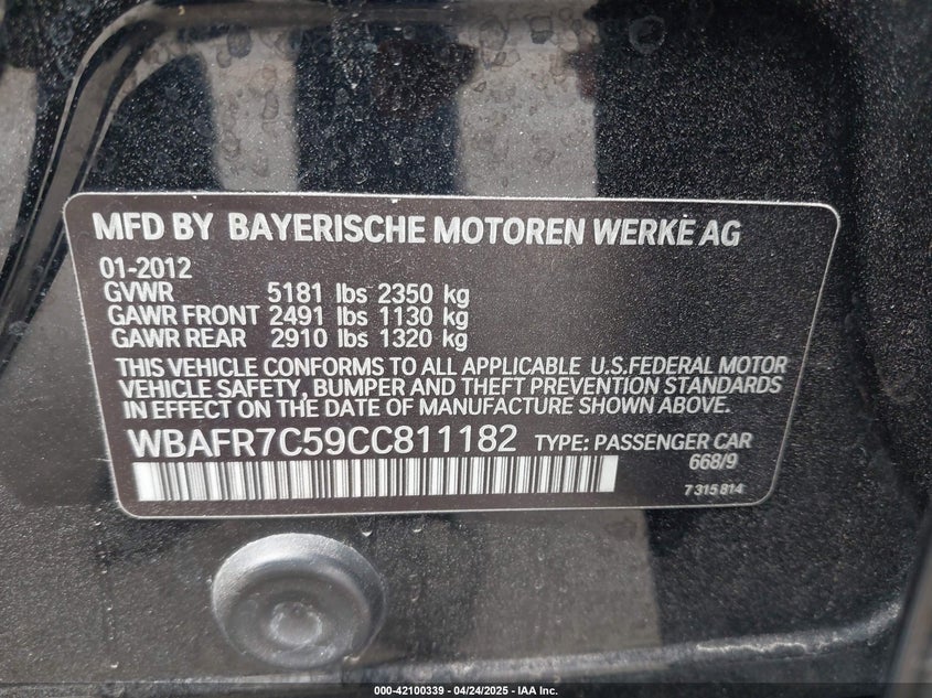 2012 BMW 535 VIN: WBAFR7C59CC811182