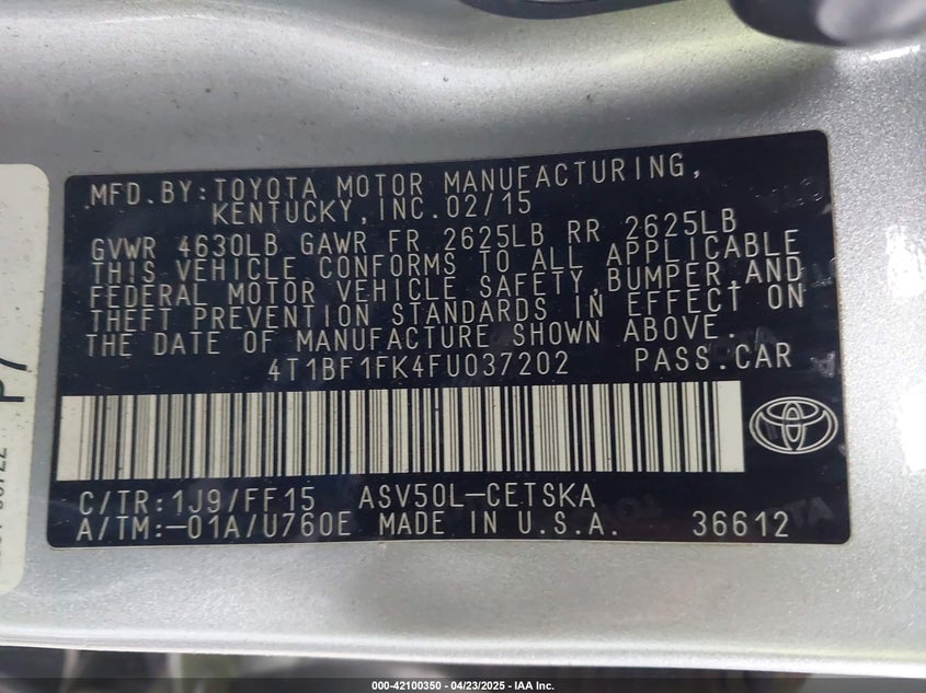 2015 TOYOTA CAMRY VIN: 4T1BF1FK4FU037202