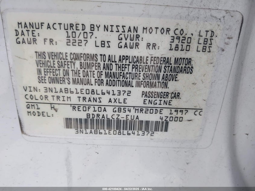 2008 NISSAN SENTRA VIN: 3N1AB61E08L641372
