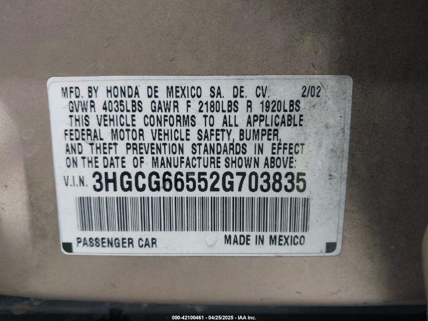 2002 Honda Accord 2.3 Lx VIN: 3HGCG66552G703835 Lot: 42100461