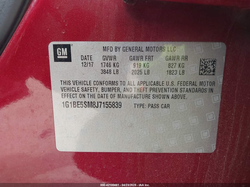 2018 CHEVROLET CRUZE VIN: 1G1BE5SM8J7155839