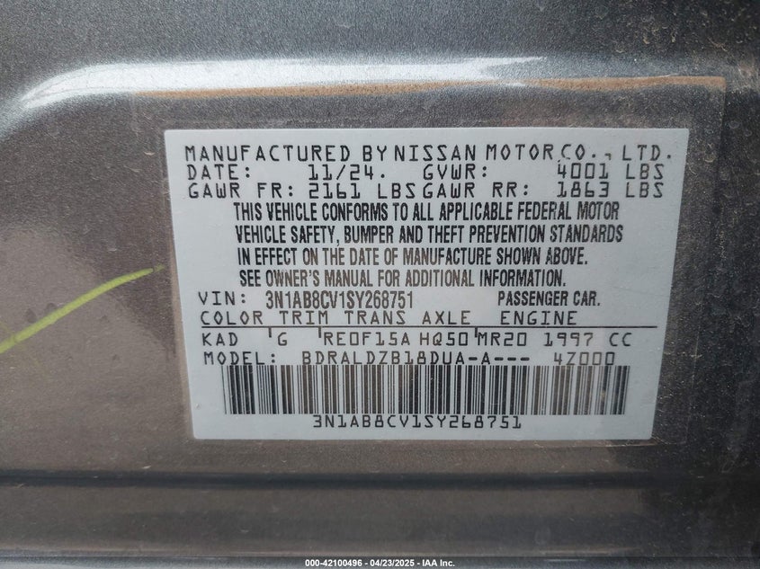 2025 NISSAN SENTRA VIN: 3N1AB8CV1SY268751