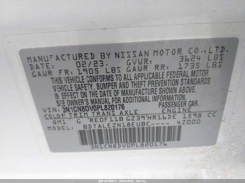 2023 NISSAN VERSA 1.6 S XTRONIC CVT - 3N1CN8DV0PL820176