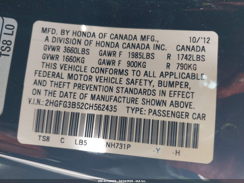 2012 HONDA CIVIC VIN: 2HGFG3B52CH562435