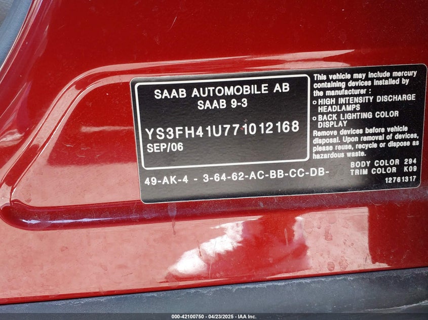 2007 SAAB 9 3 VIN: YS3FH41U771012168