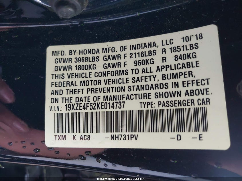 2019 HONDA INSIGHT VIN: 19XZE4F52KE014737
