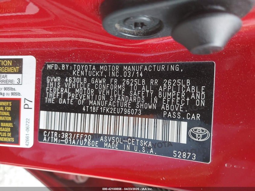 2014 TOYOTA CAMRY VIN: 4T1BF1FK2EU796073