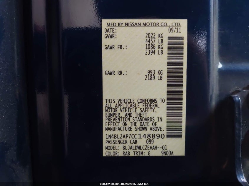 2012 NISSAN ALTIMA VIN: 1N4BL2AP7CC148890
