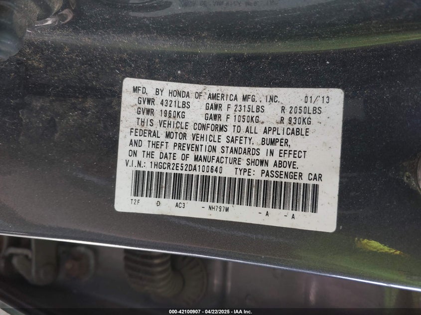 2013 HONDA ACCORD VIN: 1HGCR2E52DA100640