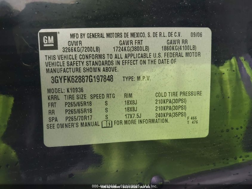 2007 Cadillac Escalade Ext Standard VIN: 3GYFK62887G197848 Lot: 42100948