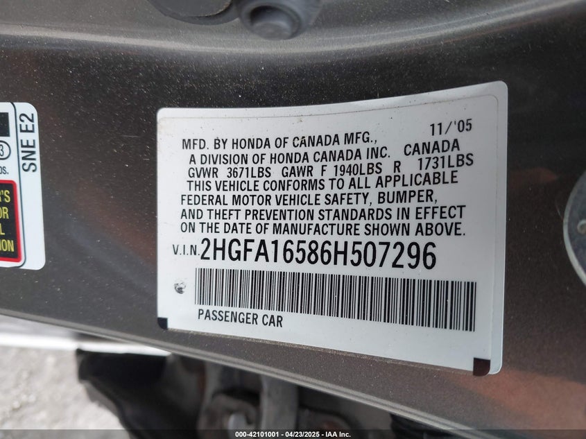 2006 HONDA CIVIC VIN: 2HGFA16586H507296