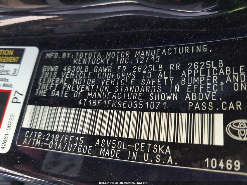 2014 TOYOTA CAMRY VIN: 4T1BF1FK9EU351071
