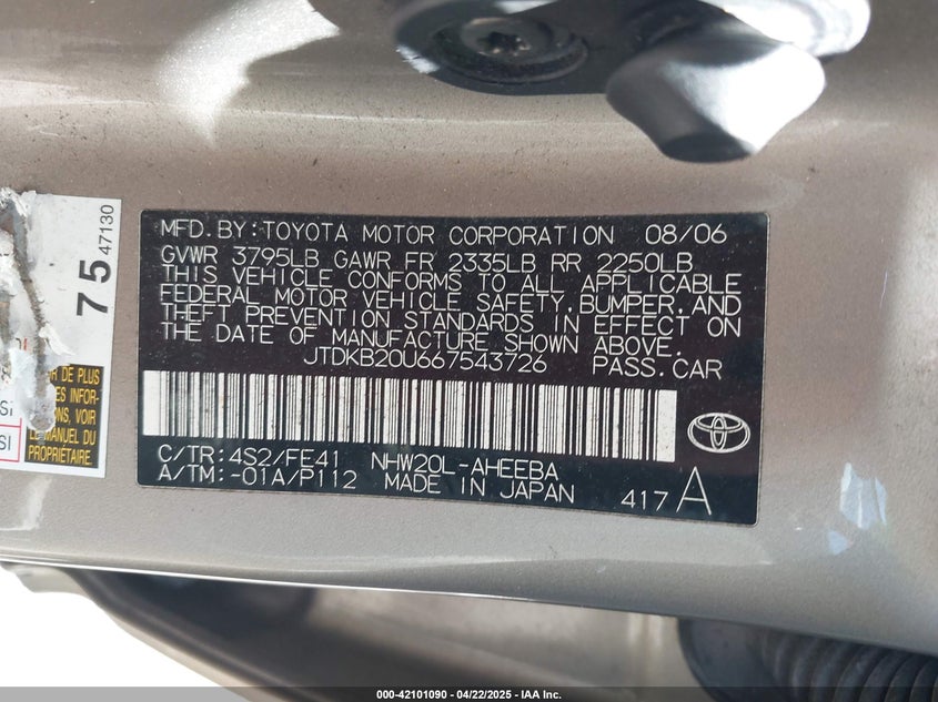 2006 TOYOTA PRIUS VIN: JTDKB20U667543726