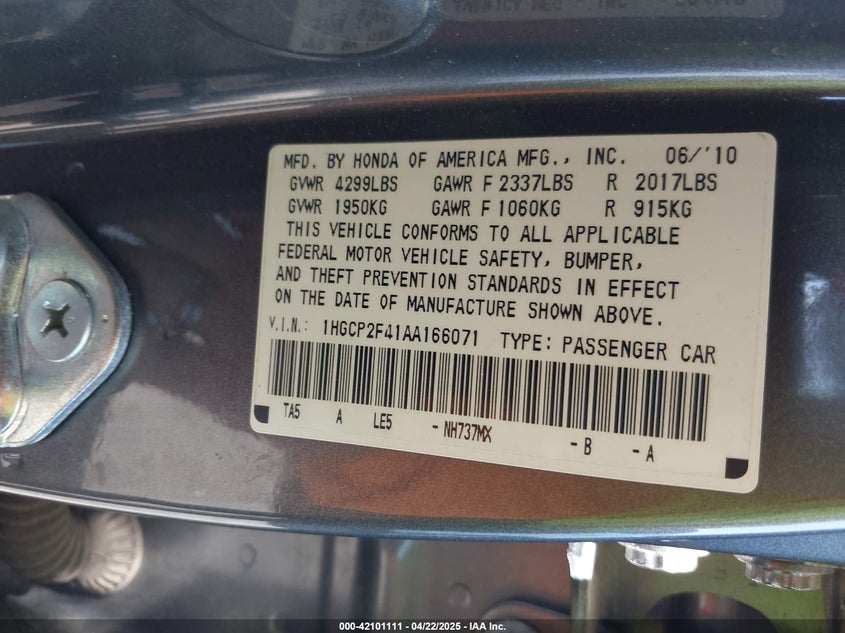 2010 HONDA ACCORD VIN: 1HGCP2F41AA166071