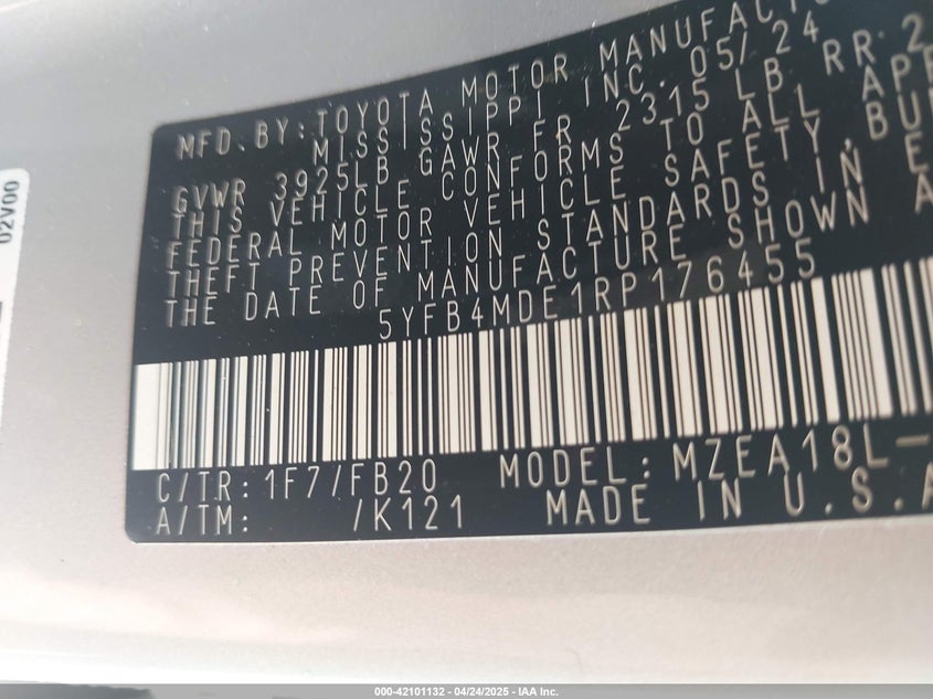 2024 TOYOTA COROLLA VIN: 5YFB4MDE1RP176455
