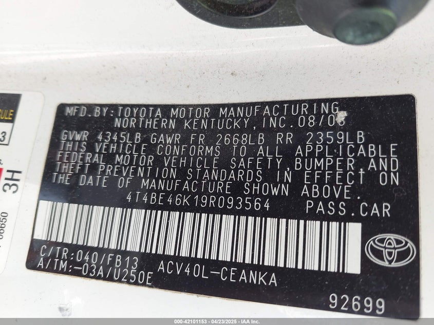2009 TOYOTA CAMRY VIN: 4T4BE46K19R093564