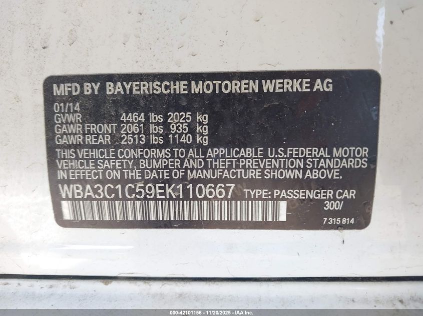 2014 BMW 328I VIN: WBA3C1C59EK110667 Lot: 42101156
