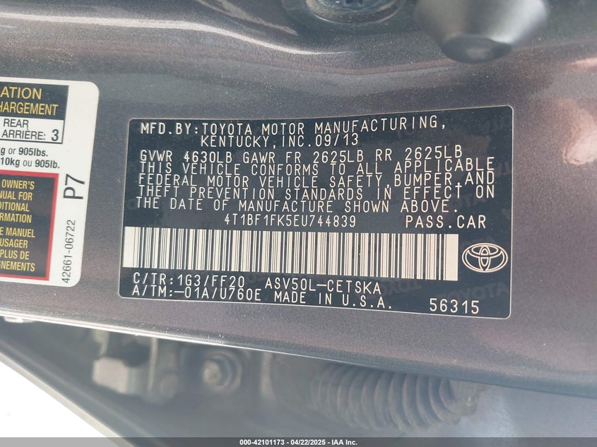 2014 TOYOTA CAMRY VIN: 4T1BF1FK5EU744839