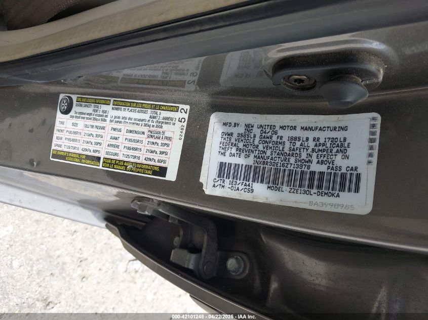 2006 Toyota Corolla Ce VIN: 1NXBR32E16Z713978 Lot: 42101248