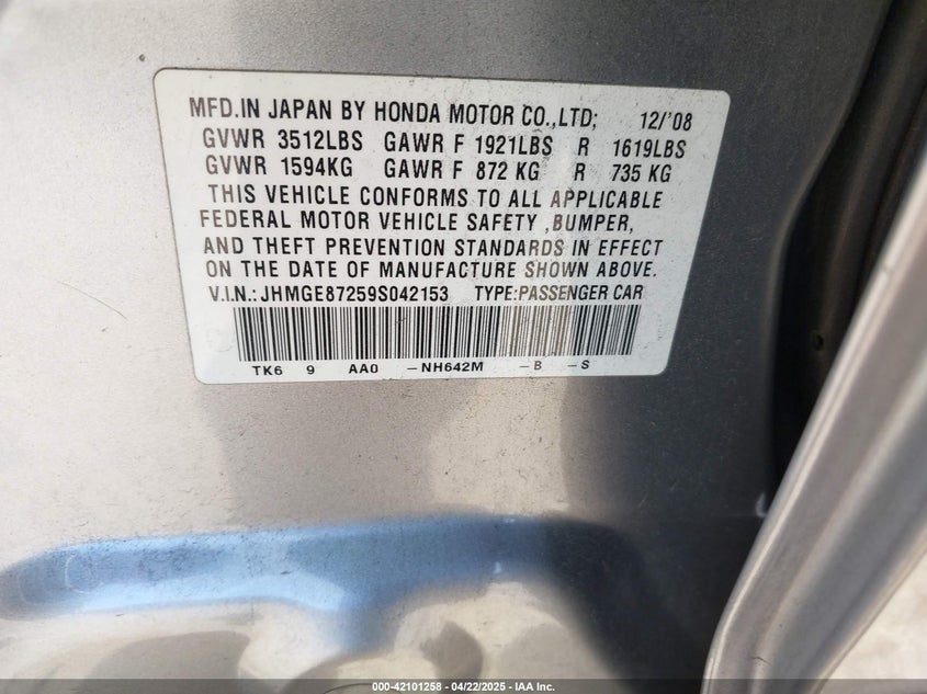 2009 HONDA FIT VIN: JHMGE87259S042153