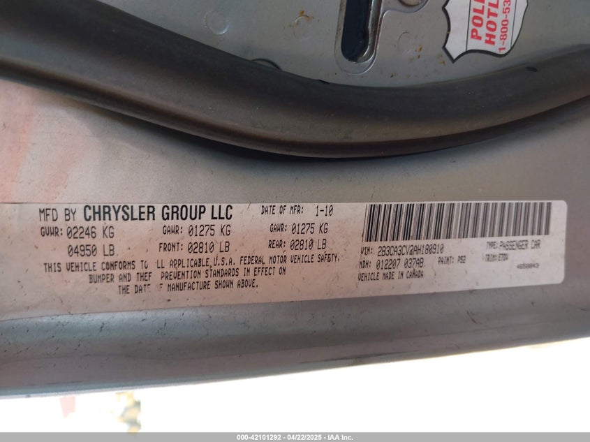 2010 DODGE CHARGER VIN: 2B3CA3CV2AH180910