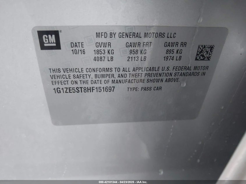 2017 CHEVROLET MALIBU VIN: 1G1ZE5ST8HF151697
