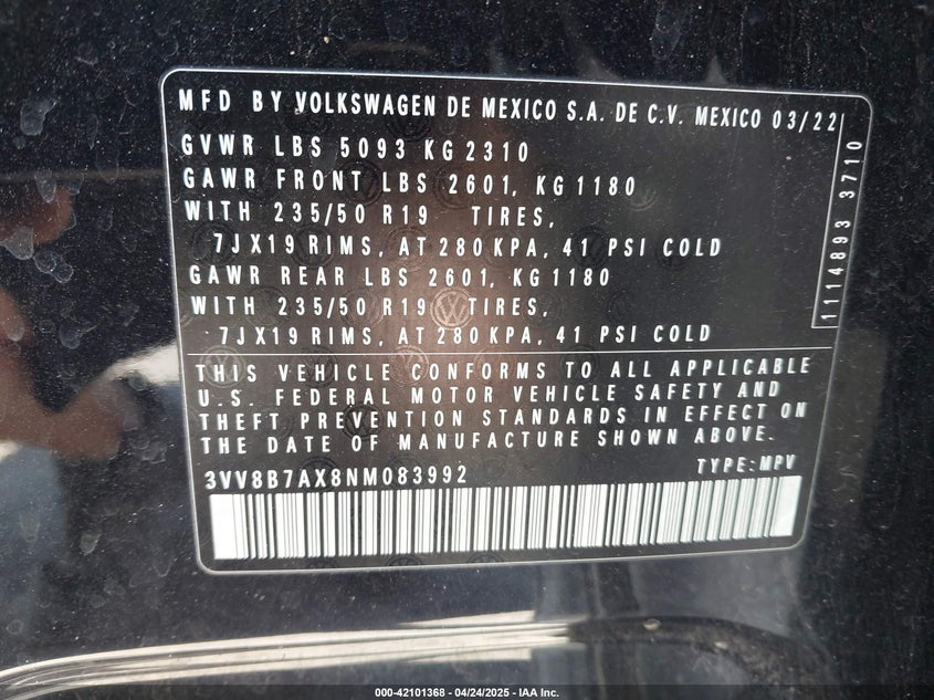 2022 VOLKSWAGEN TIGUAN VIN: 3VV8B7AX8NM083992