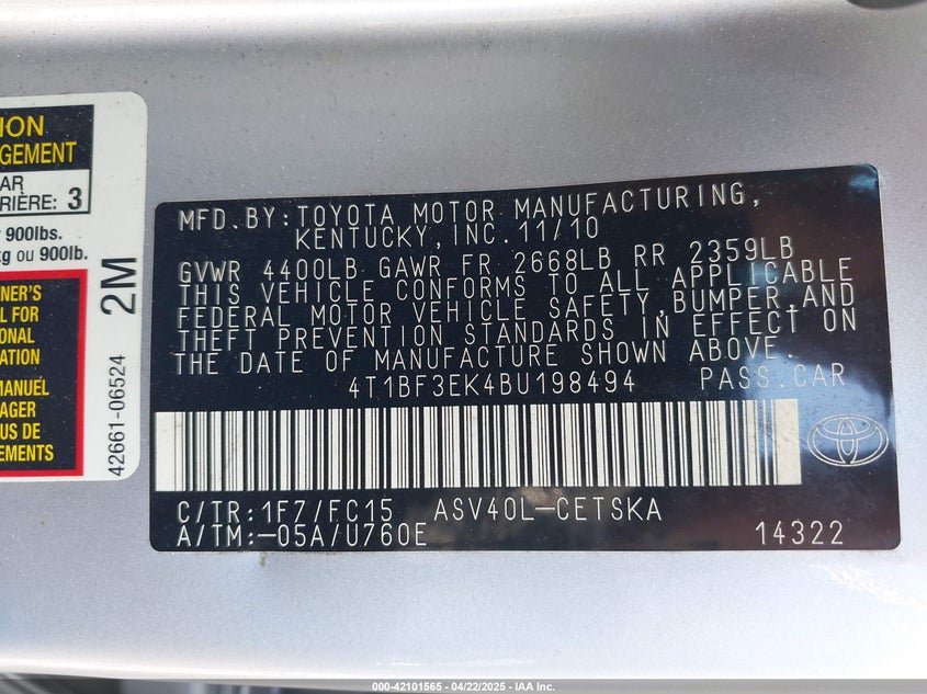 2011 TOYOTA CAMRY VIN: 4T1BF3EK4BU198494