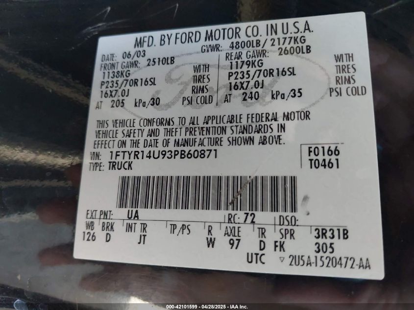 2003 Ford Ranger Edge/Tremor/Xl/Xlt VIN: 1FTYR14U93PB60871 Lot: 42101599