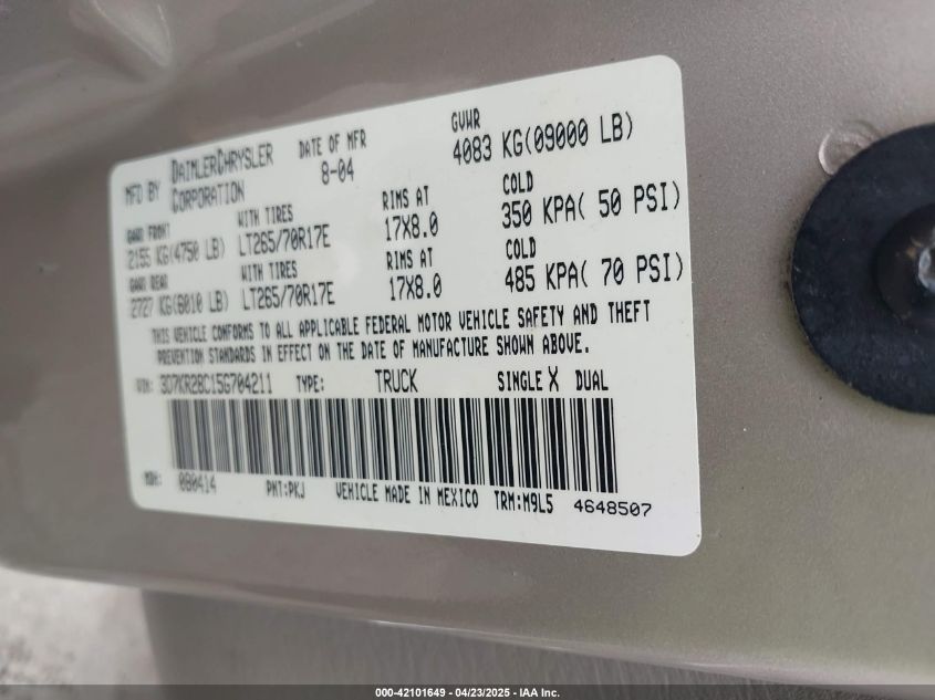 2005 Dodge Ram 2500 Slt/Laramie VIN: 3D7KR28C15G704211 Lot: 42101649