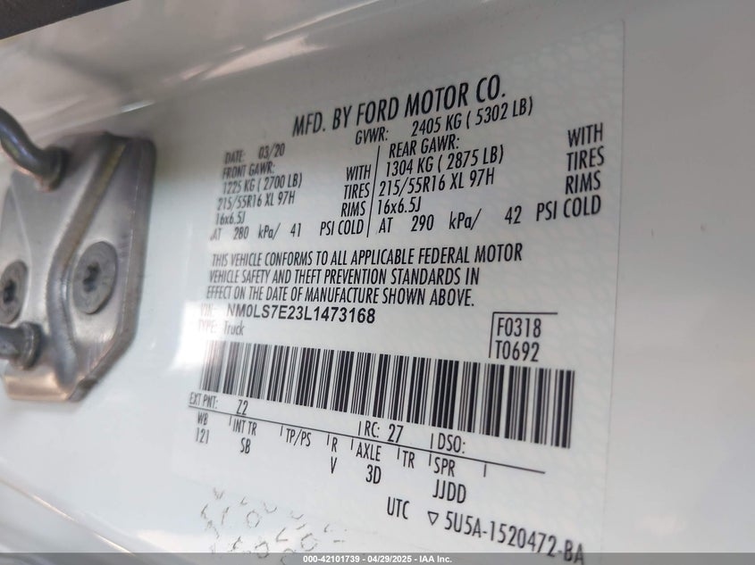 2020 FORD TRANSIT CONNECT XL CARGO VAN - NM0LS7E23L1473168