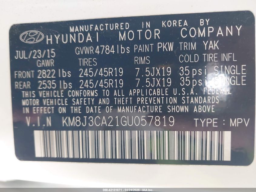 2016 Hyundai Tucson Limited VIN: KM8J3CA21GU057819 Lot: 42101871