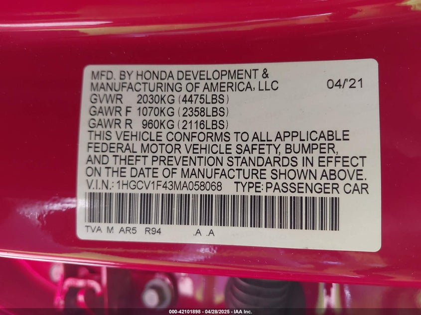 VIN 1HGCV1F43MA058068 2021 HONDA ACCORD SPORT SPECIAL EDITION