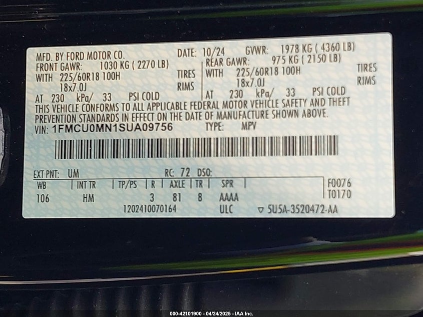 2025 FORD ESCAPE VIN: 1FMCU0MN1SUA09756