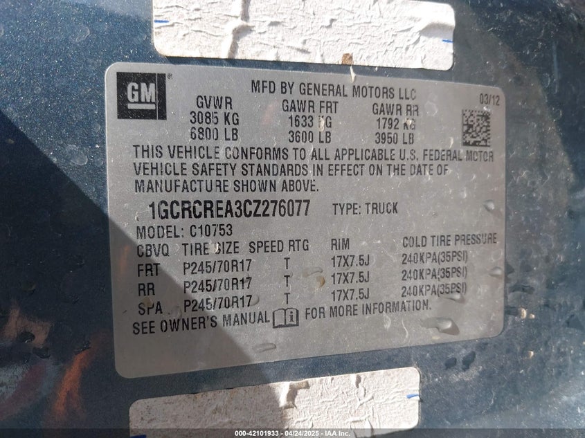 2012 CHEVROLET SILVERADO 1500 VIN: 1GCRCREA3CZ276077