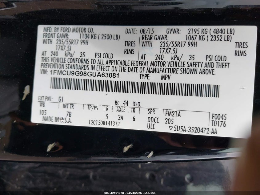2016 FORD ESCAPE VIN: 1FMCU9G98GUA63081