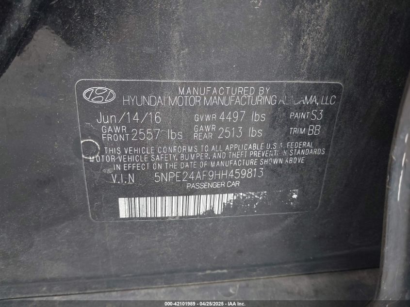 2017 Hyundai Sonata Se VIN: 5NPE24AF9HH459813 Lot: 42101989