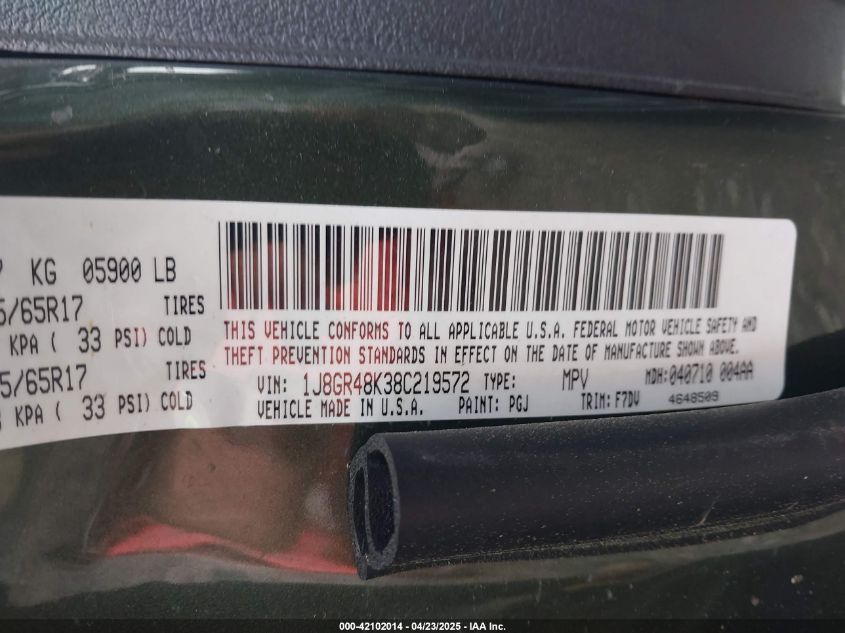 2008 Jeep Grand Cherokee Laredo VIN: 1J8GR48K38C219572 Lot: 42102014