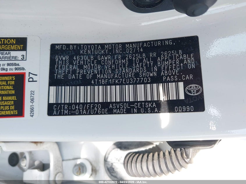 2014 TOYOTA CAMRY VIN: 4T1BF1FK7EU377703