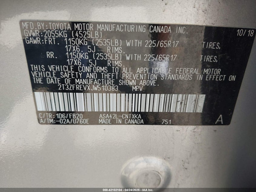 2018 TOYOTA RAV4 LE - 2T3ZFREVXJW510383