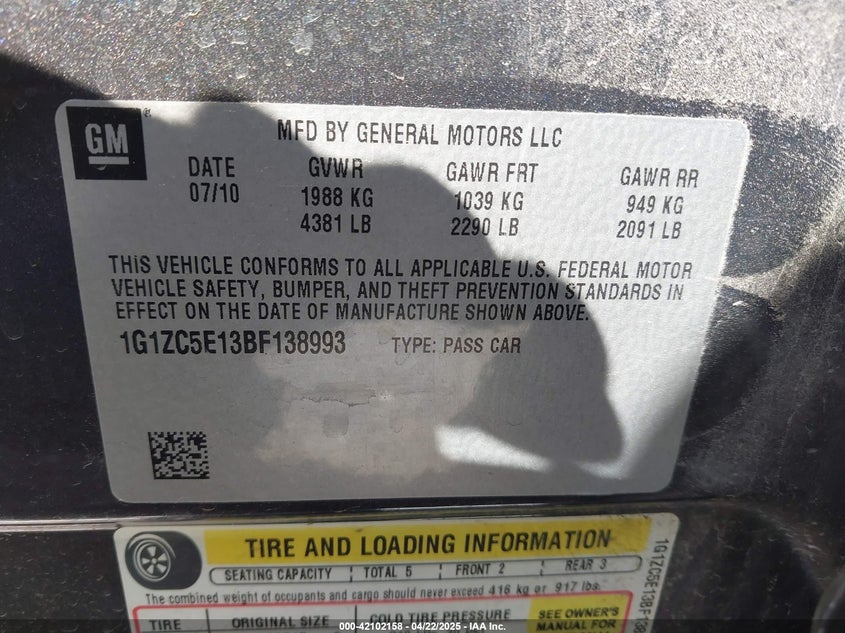 2011 CHEVROLET MALIBU VIN: 1G1ZC5E13BF138993