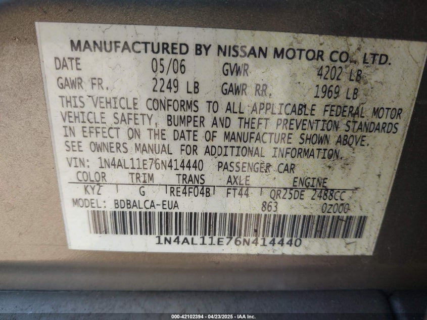 2006 NISSAN ALTIMA VIN: 1N4AL11E76N414440