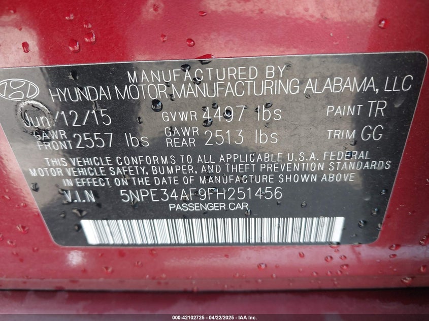 2015 HYUNDAI SONATA VIN: 5NPE34AF9FH251456